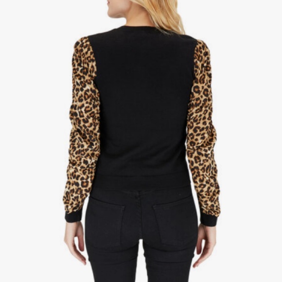 $395 VERONICA BEARD Adler Black Leopard Sleeve Merino Wool, Silk Sweater - Picture 3 of 3
